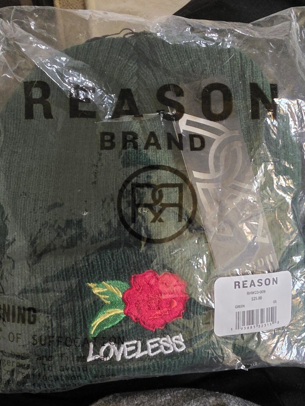 Reason Brand Green "Loveless" Embroidered Rose Beanie - New With Tags